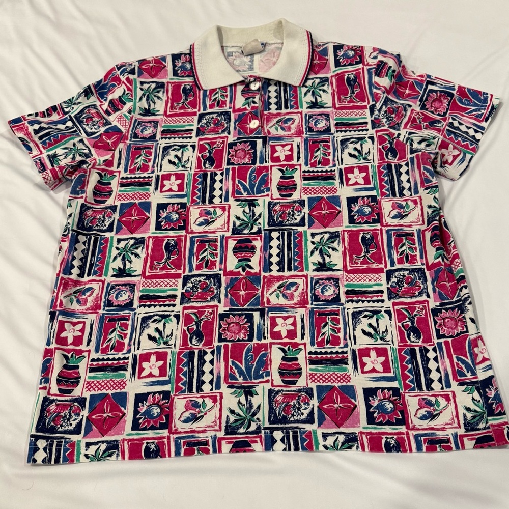 Vintage Cape Cod Sportswear Polo Shirt Womens Large Floral Geometric 90s Retro